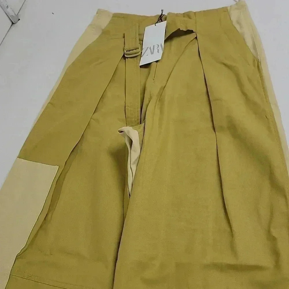 ZARA TAPERED FIT POCKETED PANTS PATCHWORK FULL LENGTH OLIVE GREEN - Picture 5 of 12